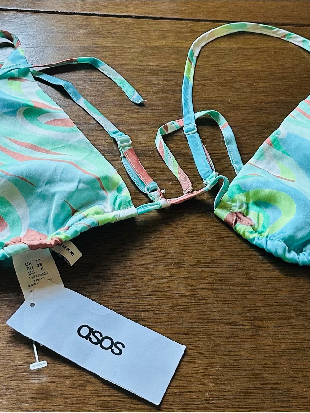 ASOS  Women Aqua, Pink & Lime Swirl Triangle Bra Top Size 6